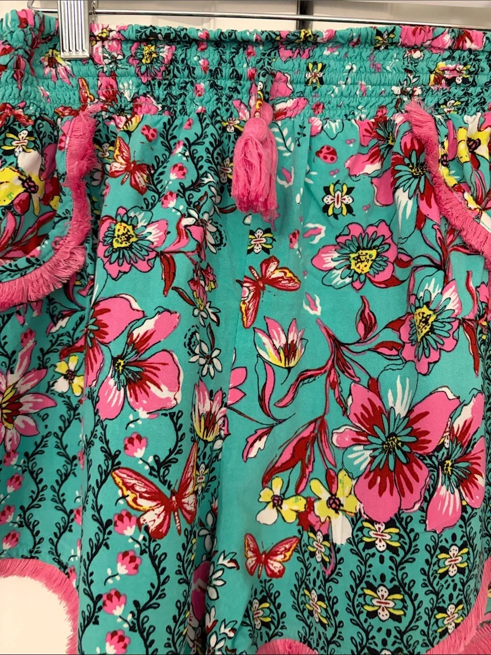 Lounge Shorts Turquoise with Pink Fringe Boho Japna Size Medium EUC